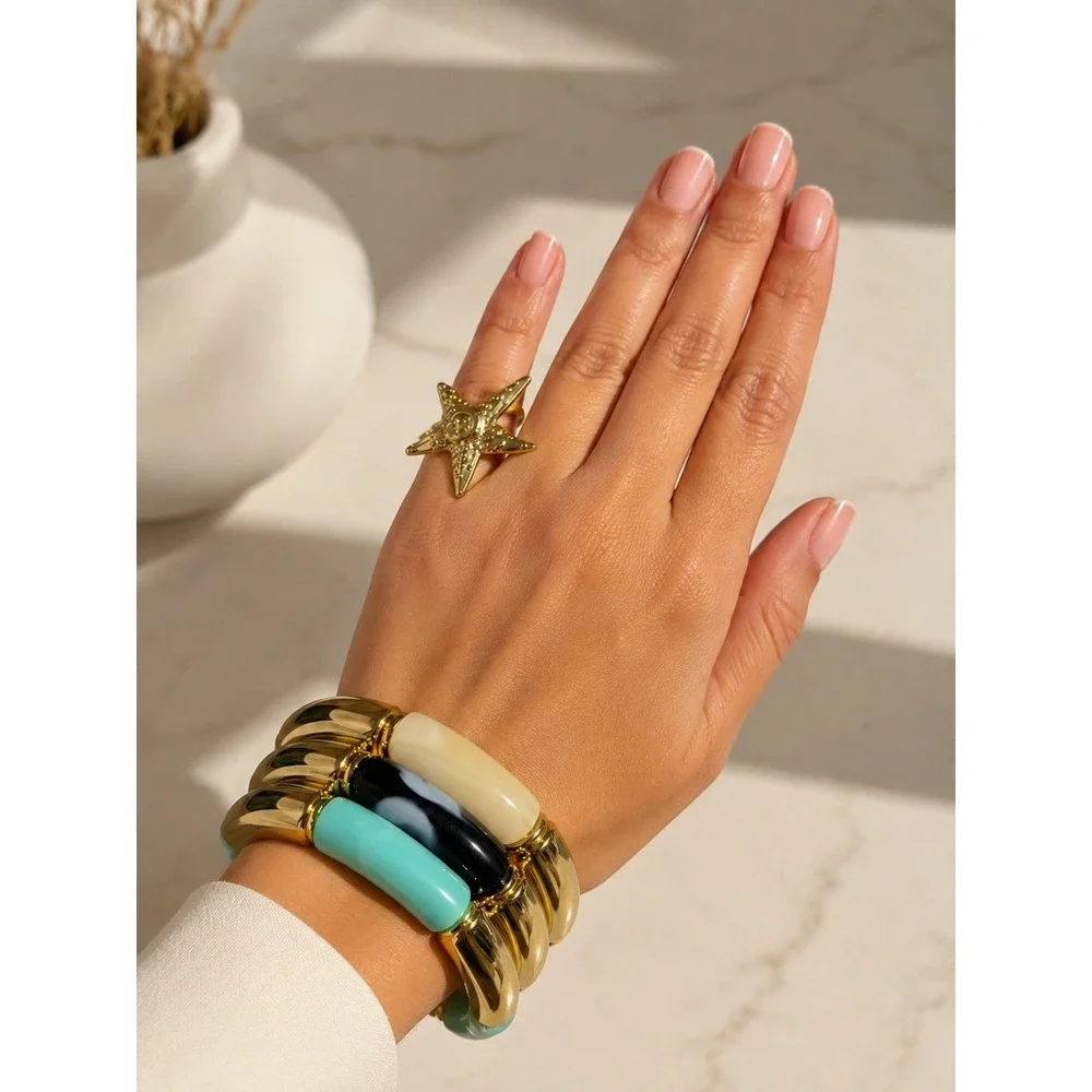 Glam Coastal Luxe Stretch Bracelet‎ Stack Set Gold Aqua Ivory Black